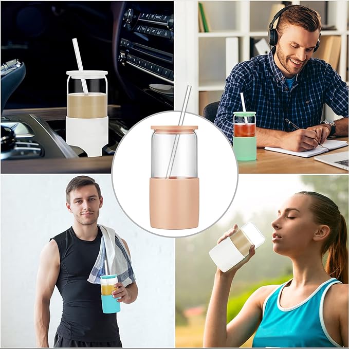 Sunseeke Glass Tumbler with Straw and Lid, 16oz Ice Coffee Cup, Silicone Sleeve Cleaning Brushes, Drinking Glasses for Water, Iced Coffee, Smoothie - BPA Free -3Pack