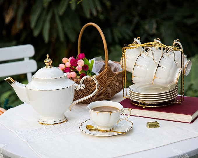 ACMLIFE Tea Sets for Adults Fine Bone China Tea Set for 6, Porcelain Teapot Sets for Adults 24K Gold, Afternoon Modern Cups and Saucers for Women Tea Party or Gifts Giving (White)