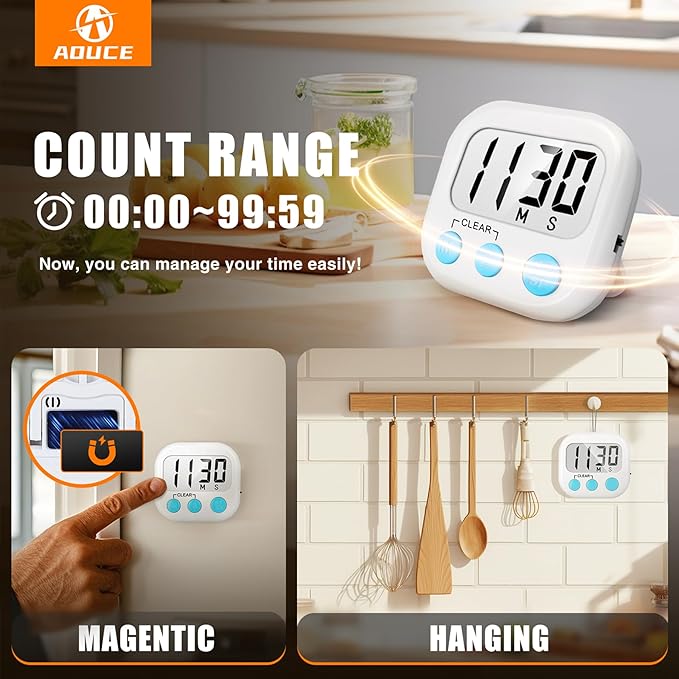 2 Pack Digital Kitchen Timer for Cooking Big Digits Loud Alarm Magnetic Backing Stand Cooking Timers for Baking White