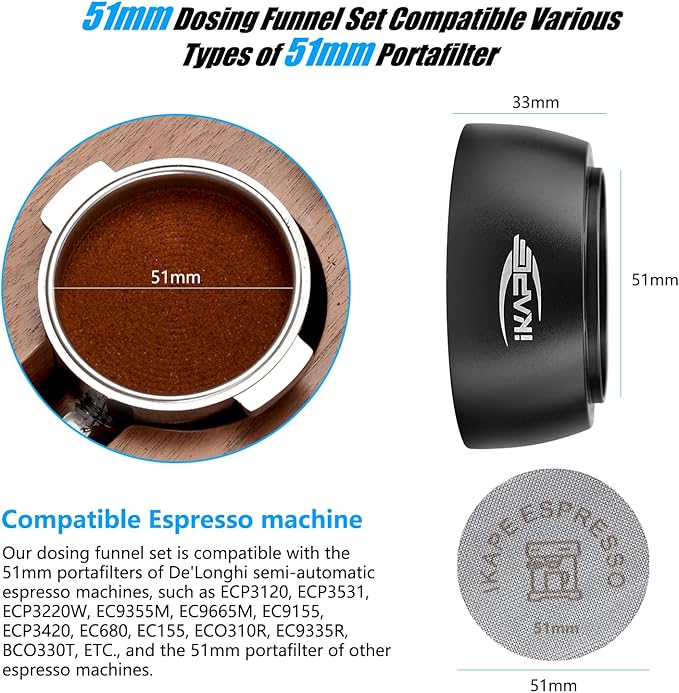 IKAPE Magnetic Dosing Funnel Set, 51MM Espresso Dosing Ring & Puck Screen Kit Compatible with Delonghi 51MM Bottomless Portafilter - with 8 Small Magnet (Black)