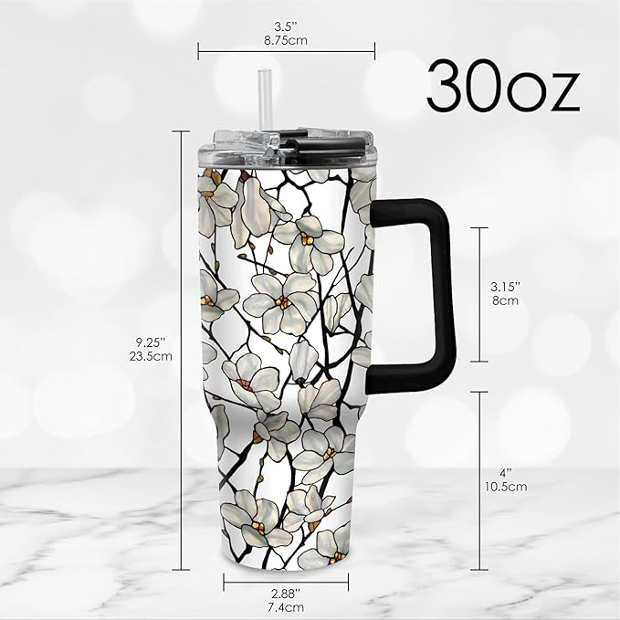 RainCaper 18/8 Stainless Steel Insulated Water Tumbler with Straw | 30oz, BPA-Free, Double Wall for Hot & Cold | Travel-Friendly, Cup Holder Ready (Tiffany Magnolia)