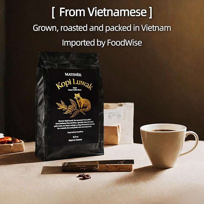 MATINÉE Wild Kopi Luwak Coffee Beans, Medium Roast, Whole Bean Beans, Civet Coffee - Sustainably Sourced From Vietnam, 8.8oz / 250 Grams