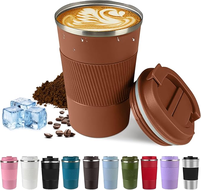 Vacuum-Insulated Stainless Steel Travel Coffee Mug, Leak-Proof Reusable Coffee Cup with Lid - Keep Hot & Cold Drinks for Hours, Durable Thermos Tumbler for Men & Women (3rd-Light Coffee, 17OZ)