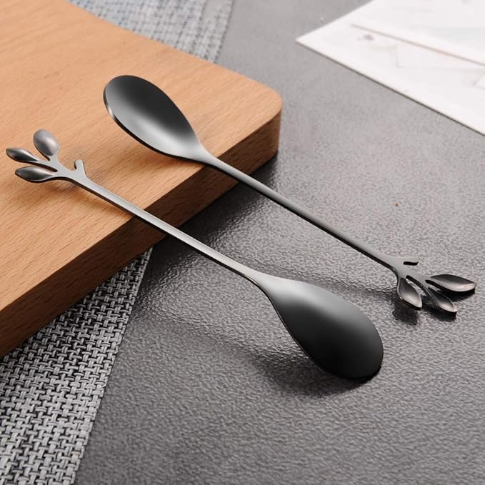 AnSaw 8-Pack Elegant Black Leaf 4.7" Espresso Spoons - Stainless Steel, Perfect for Coffee, Demitasse, Dessert & Tea, Mini Size for Small Servings