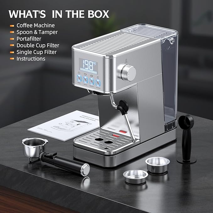 Espresso Machine, 20Bar Compact Stainless Espresso Maker, With Milk Frother Steam Wand, 57.5OZ Removable Water Tank, Displays Making Time & Water Temperature, Cold Brew & Cappuccino, Silver