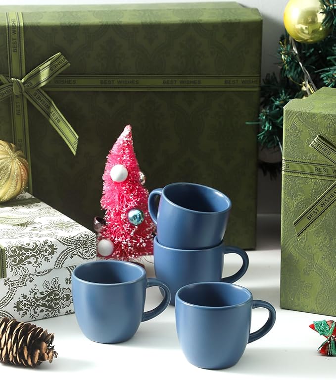 Hasense 7 Ounce Cappuccino Cups Set of 4 Perfect for Latte, Americano, Cafe Mocha and Tea, Ceramic Coffee Cups Ideal for Party Cafe Home and Kitchen, Microwave and Dishwasher safe, Blue