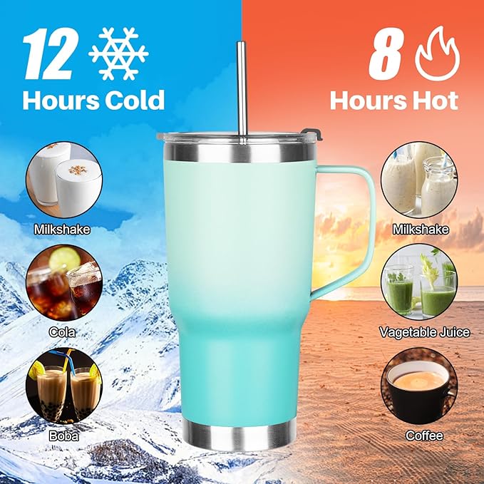 20 oz Tumbler with Handle, Stainless Steel Insulated Tumbler with Lid and Straw, Double Wall Vacuum Coffee Mug Tumbler, Insulated Coffee Thermal Cup for Cold and Hot (Mint Light Green, 20 Ounces)