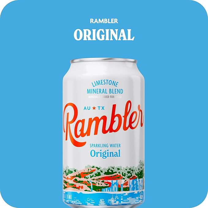 AUTX RAMBLER Sparkling Water, Texas Limestone Mineral Blend, Original Natural Flavor, 12-Ounce Cans, Three 8-Packs (24 Cans)