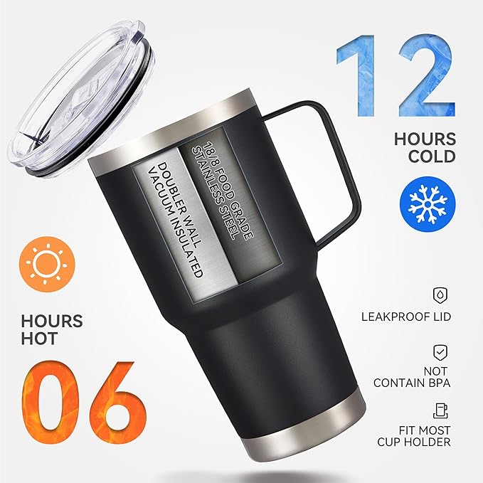 30 oz Tumbler with Handle and Lid, Stainless Steel Tumblers Bulk Double Wall Vacuum Insulated Travel Mug Leak Proof Cup Keep Drinks Cold and Hot Black, 4 Pack