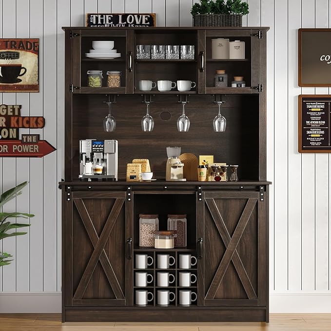 4ever2buy 72" Farmhouse Coffee Bar Cabinet with 2 Glass Doors & 9 Wine Racks, Tall Hutch Cabinet with Storage, Wine Bar with 4 Row Metal Glass Holder, Dark Oak