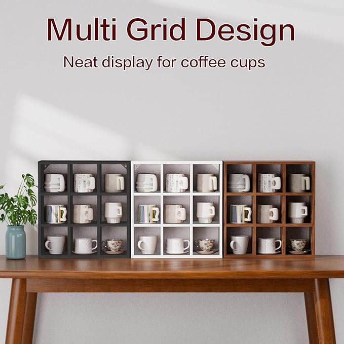 Helsin 9 Grid Vintage Coffee Mug Display Rack, 16inch Wall Mounted Wooden Curio Shadow Box Shelf, Cup Floating Shelves Display and Organizer (Black)