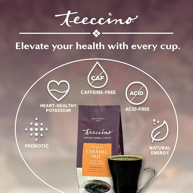Teeccino Caramel Nut Chicory Coffee Alternative - Ground Herbal Coffee That’s Prebiotic, Caffeine Free & Acid Free, Medium Roast, 11 Ounce