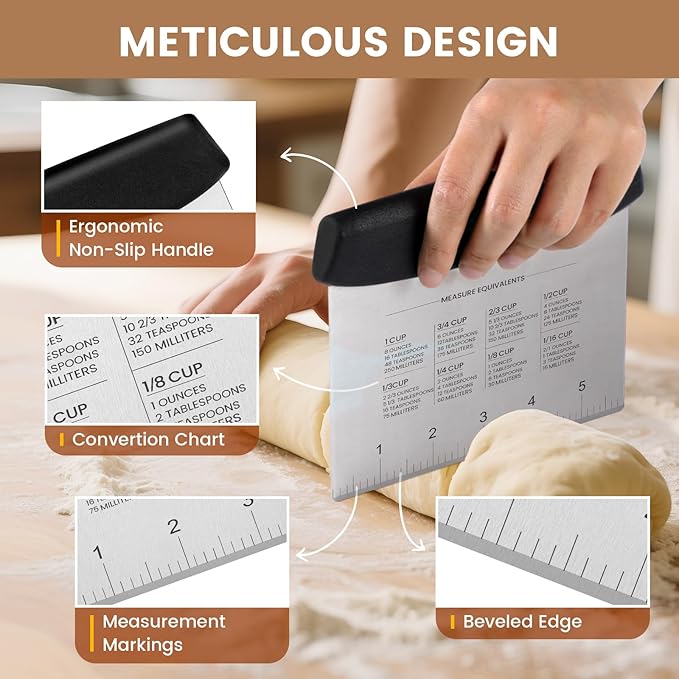 SCHVUBENR Premium Dough Scraper Set with 2 Flexible Bowl Scrapers - Stainless Steel Dough Cutter & Bench Scraper with Measuring Scale - Versatile Kitchen Scraper for Bread, Pastry, Pizza, Cake - Black