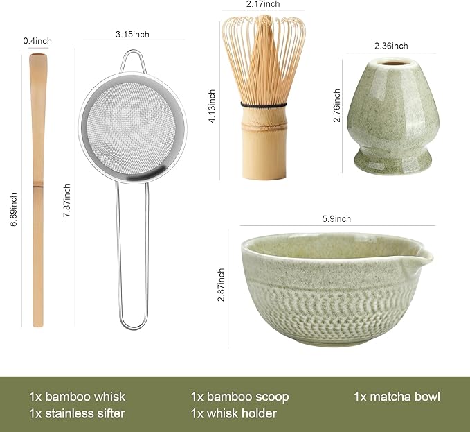 Matcha Whisk Set, Ceramic Matcha Set, Matcha Bowl with Spout, Matcha Whisk & Holder, Sifter and Bamboo Scoop, 5 Pcs Matcha Kit, Matcha Tea Ceremony Gifts for Matcha Lovers & Starter (Matcha Green)