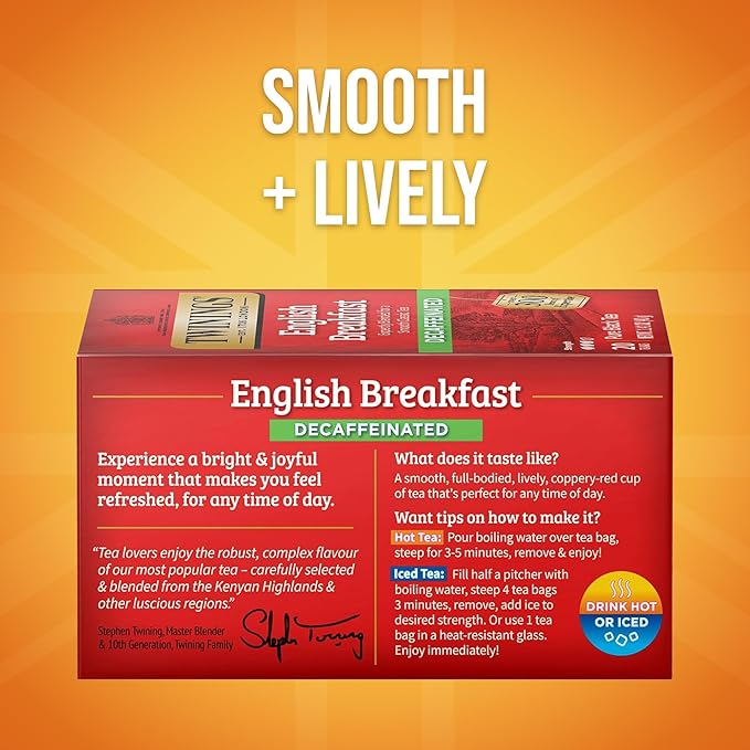 Twinings Decaffeinated English Breakfast Individually Wrapped Bags, 20 Count (Pack of 6), Flavourful & Robust, Enjoy Hot or Iced, 120 Teabags