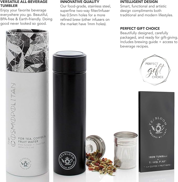 Teabloom - The ORIGINAL All-Brew Travel Tumbler & Thermos | OPRAH’s Favorite | 16oz/480ml Insulated Water Bottle/Tea Flask/Cold Brew Coffee Mug