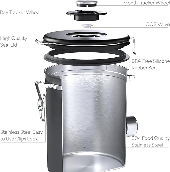 Coffee Canister – Airtight Stainless Steel Storage Container with Date Tracker & Scoop, Sealed Jar for Grounds, Beans, Tea, Flour, Cereal, and Sugar (Gray Home, 22OZ)