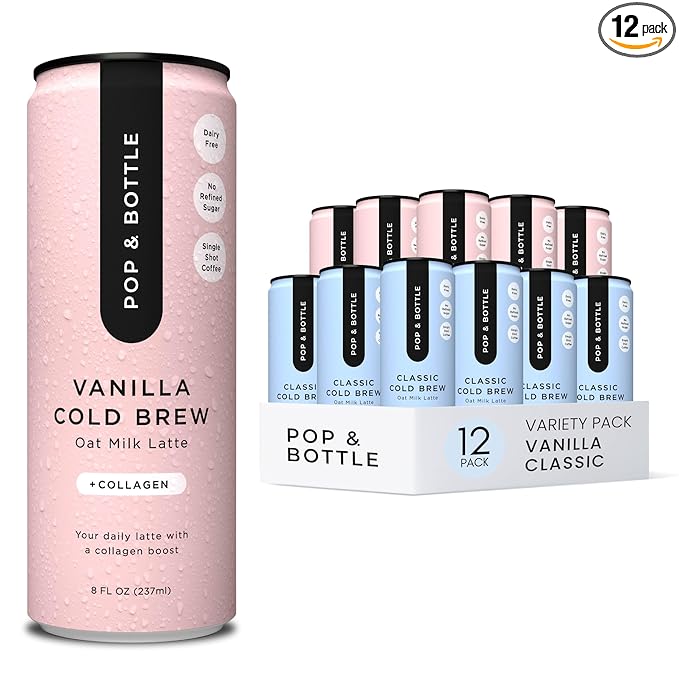 Pop & Bottle Classic & Vanilla Oat Milk Lattes - Cold Brew, Marine Collagen & Antioxidants, MCT Oil, Organic, Dairy Free, Gluten Free, Lightly Sweetened with Dates - 8 Fl Oz (Pack of 12), 6 Each