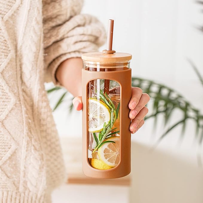 Kodrine 20oz Glass Tumbler with Straw and Lid, Iced Coffee Cups with Bamboo Lids, Glass Cups for Cold Drinks, Smoothie Cup with Silicone Sleeve for Travel, Work, BPA FREE-Mocha Mousse