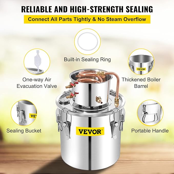 VEVOR Alcohol Still 13.2Gal/50L Alcohol Distiller Stainless Steel Distillery Kit for Alcohol With Copper Tube & Pump Home Brewing Kit Build-in Thermometer for DIY Whisky Wine Brandy