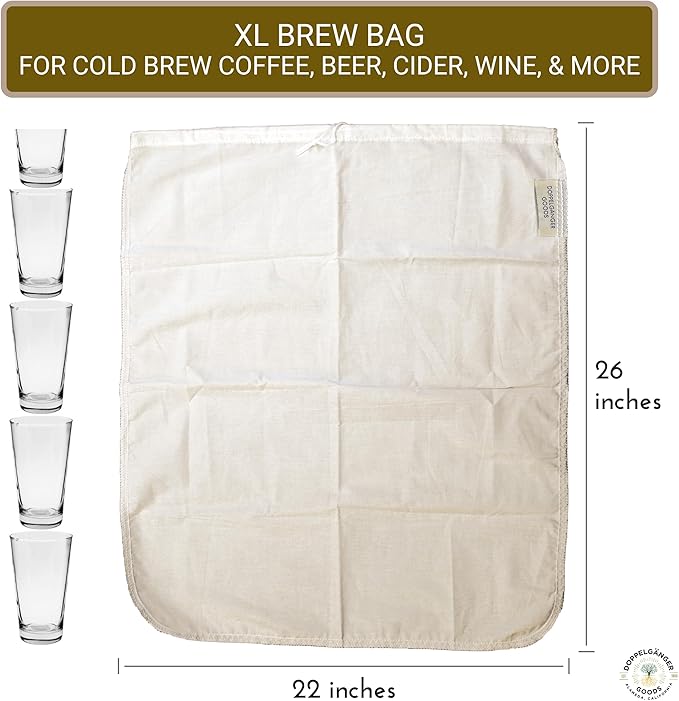(XL 22in x 26in) Organic Cotton Brew In A Bag - Reusable Home Brewing Strainer Bag to Boil and Strain Hops, Apple Cider, or Extra Large 5 Gallons Commercial Cold Brew Coffee Filter