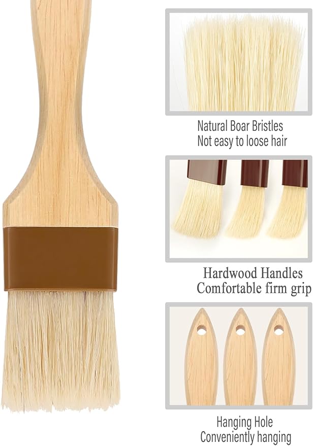 Basting Brush,Pastry Brush 1.5" & 1" - Natural Bristle Cooking Brush for Baking,Not Shed Food Grade Brush,Butter Brushes,Cooking Brush for Oil and Sauce,Kitchen Turkey Baster,Egg Wash Brush(4 Pc)
