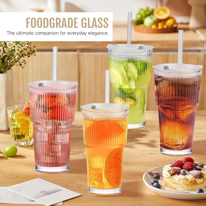 20oz Ribbed Glass Cups with Lids and Straws, Vintage Glass Tumbler with Straw, 2 Piece Iced Coffee Cups Set, Thicked Wall Drinking Glasses Ideal for Coffee