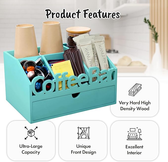 Coffee Bar Organizer for Countertop – Wooden Coffee Station with Black Drawer, Tea and K Cup Storage Rack, Coffee Pod Holder for Home and Office Counter Organization (Drawer - Turquoise)