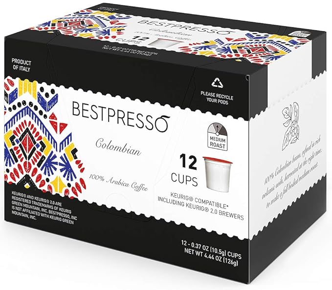 Bestpresso Coffee, Colombian Medium Roast Single Serve K-Cup Pods, 96 Count (Compatible With 2.0 Keurig Brewers) 8 Packs Of 12 Cups