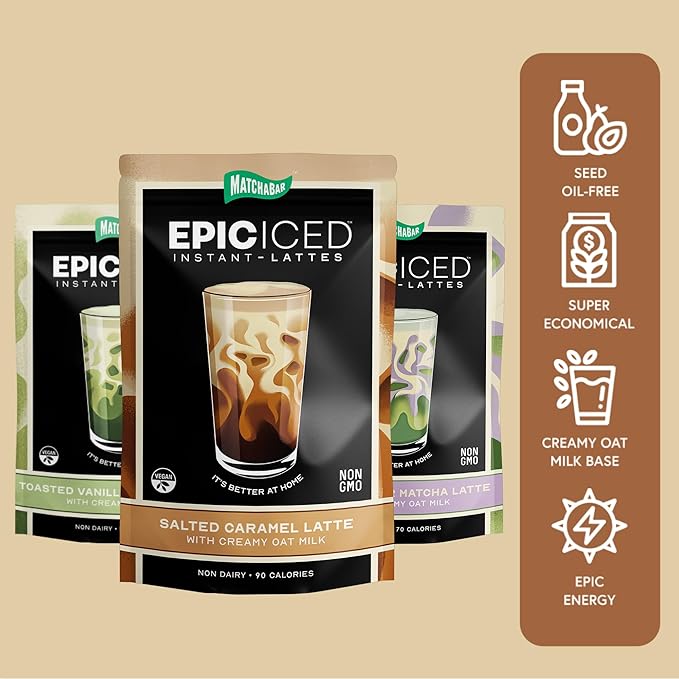 Matchabar Epic Iced Instant Latte Powder | Toasted Vanilla Matcha w/Oat Milk Base | Low Sugar, Non-Diary & Vegan Instant Iced Matcha Powder | Barista-Quality Creamy Latte Mix | 10 Servings