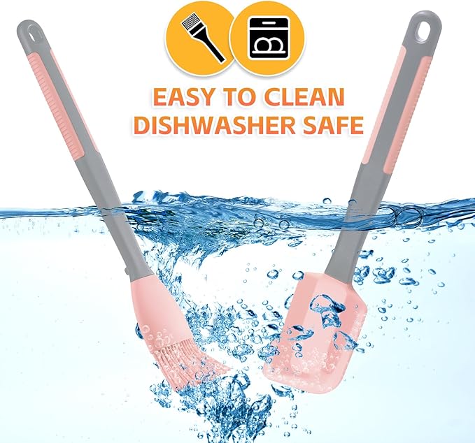 Extra Long Pastry Brush - Silicone Spatula - Basting Brush+Spatula Silicone Heat Resistant,for Baking Scraping Mixing BBQ Grill Kitchen Cooking Spread Oil Butter Sauce (Pink Brush+Spatula)