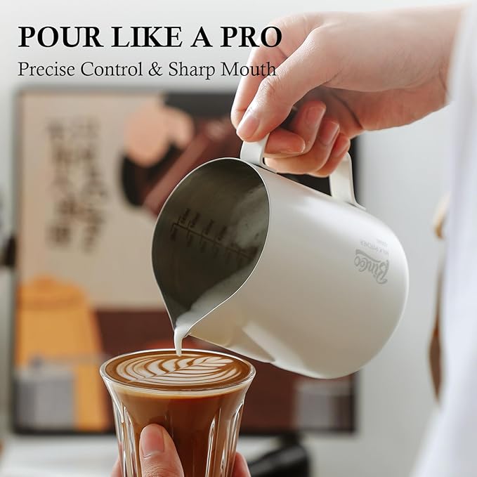 Milk Frothing Pitcher - 350ml Milk Frother Cup for Latte Art, SUS 304 Stainless Steel, Barista-Grade Coffee Milk Jug with Measurement Markings & Precision Spout