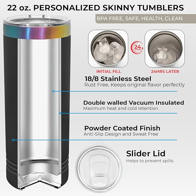 Personalized Skinny Tumbler with Lid and Straw by iProductsUS, 22oz Rainbow Stainless Steel Engraved Custom Cup with Name Text, Customized Mothers Day Gifts for Mom, Her, Christmas, Birthday (Prism)
