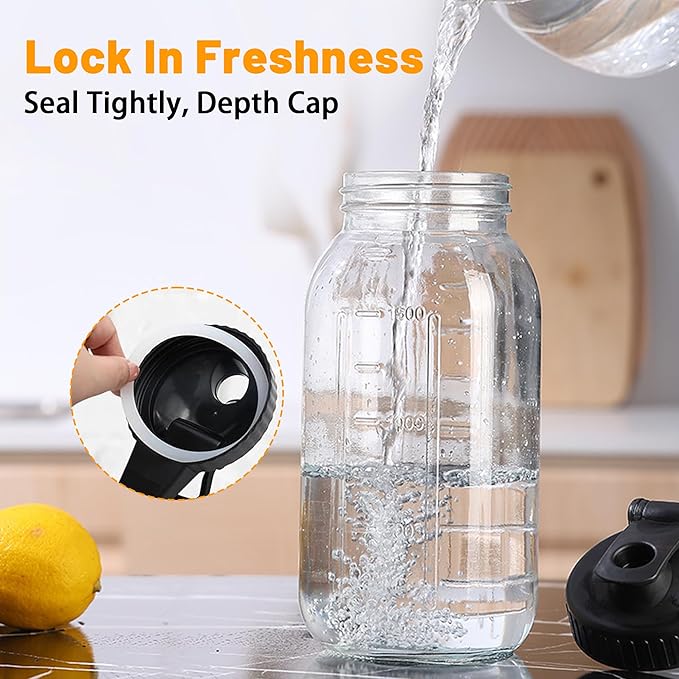 64oz Glass Pitcher with Lid-2 Quart, Heavy Duty Glass Mason Jar Pitcher 2 Packs, Leak-Proof Wide Mouth Jar with Pouring Airtight Lid, Ideal Container for Water, Juice, Milk and Drinks Storage