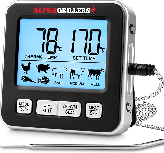 Alpha Grillers Meat Thermometer Digital for Oven - Large Display Oven Thermometer for Cooking - Leave-in BBQ Grilling Probe with 7 Presets, Timer, Alarm - Gifts for Men Him Boyfriend Husband