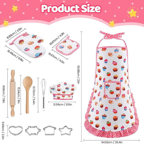 11 PCS Kids Baking Set for Girls, Chef Costume with Adjustable Apron & Hat, Pretend Play Kitchen Toys for Toddlers 3-8, Birthday Xmas Gifts for Little Chefs