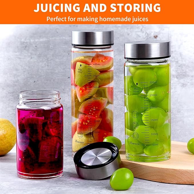 Glass Juice Bottles 6 Pack 10 oz - Wide Mouth Glass Water Bottles with Lids - for Juicing, Protein, Smoothie, Milk, Reusable, BPA Free, Stainless Steel Lids, Blender, Shaker Bottle (10oz/300ml)