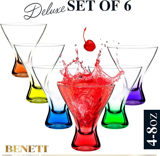 BENETI European Made Colored Martini Glasses Set of 6 Stemless Cocktail Glasses - 8 Oz, Dishwasher Safe, Crystal Glass Cups for Partys