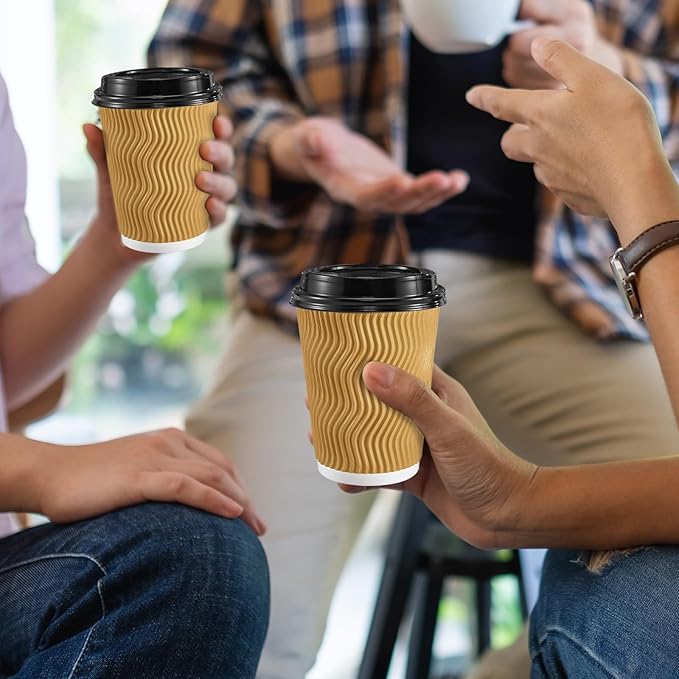 12 oz Coffee Cups-90 Pack Disposable Coffee Cups with Lids and Straws, Insulated Ripple Wall To Go Paper Coffee Cup for Coffee, Hot Chocolate and Hot Tea Drinks - Champagne