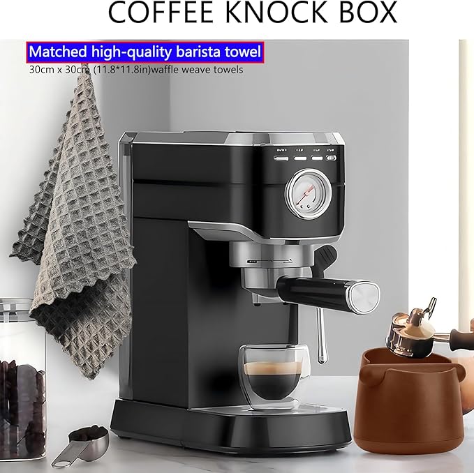 Espresso Knock Box with Barista Towels, Removable Shock-absorbent Knock Bar & Non-Slip Base - Co ffee Knock Box for Coffee Grounds, Espresso Machine Accessories, Brown