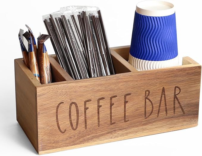 Acacia Wood Station Organizer,Coffee Station Organizer for Cup Lid Stirrers Pod, Disposable Coffee Cup Holder, Farmhouse Accessories Decor, Brown Labeled COFFEE BAR