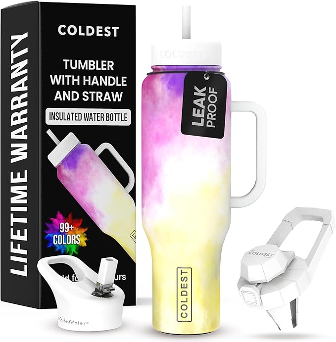 Coldest 40 oz Tumbler with Handle and Straw, 100% Leak Proof Insulated Tumbler with Lid and Straw (3 Lids), Stainless Steel Tumblers for Women & Men, Cup Holder Friendly, 46 oz (Clouds of Tie Dye)