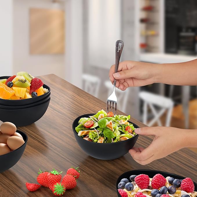 6.2'' Bamboo Fiber Cereal Bows Set of 6, Soup Bowls 24 Oz for Serving Salad, Snack, Side Dishes, Modern Oval Lightweight Bowls for Breakfast,Lunch and Dinner, Dishwasher and Freezer Safe(Matte black)