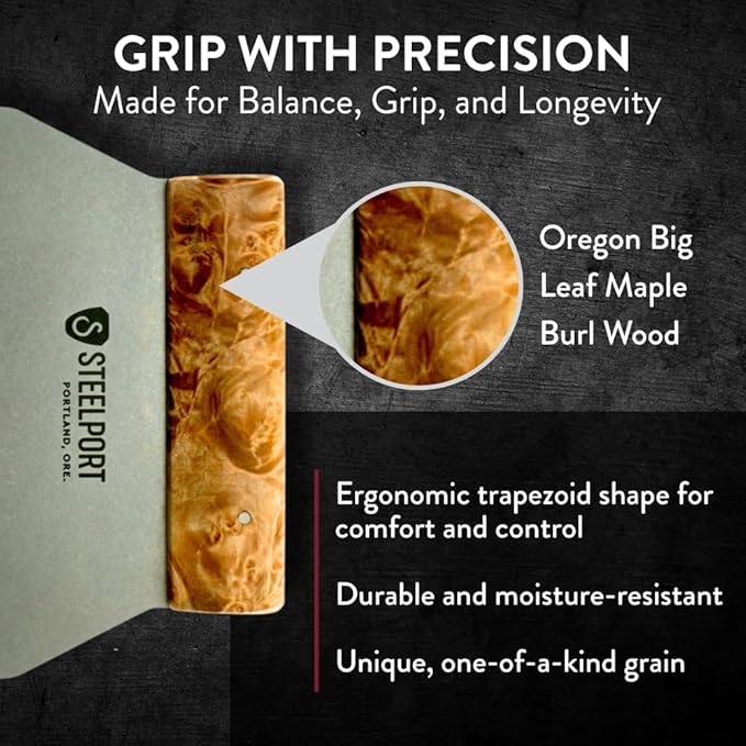 STEELPORT Bench Scraper | USA Made Premium Stainless Steel Dough Cutter & Shaper | Ideal as Bread, Pizza, Pastry Cutter | 18 Gauge Steel Blade, Tapered Oregon Maple Burl Handle | Home & Commercial Use