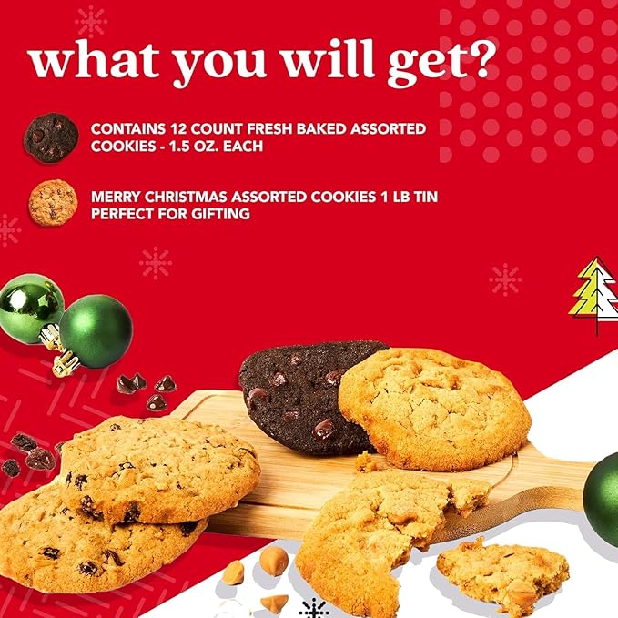 David’s Gourmet Fresh Baked Merry Christmas Assorted Holiday Cookies Tin – 1Lb All-Natural Handmade Soft Variety Cookies in a Premium Gift Box