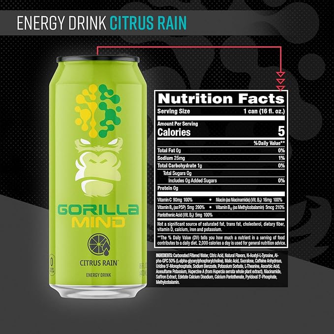 Gorilla Mind Energy Drink | Unmatched Energy · Amplified Focus | N-Acetyl-L-Tyrosine, Alpha-GPC, 200mg Caffeine, Uridine, Saffron | 0 Sugar Or Artificial Colors | 16oz, 12-Pack (Citrus Rain)