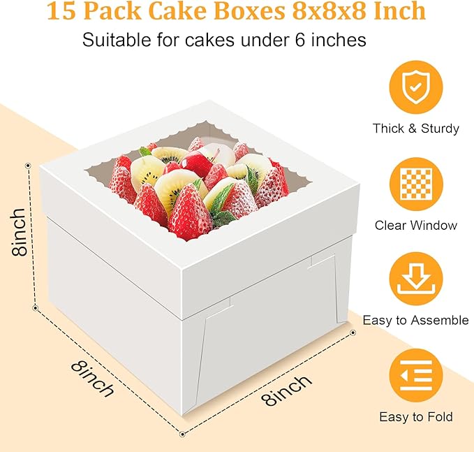 15 PCS Cake Boxes 8 Inch, 8x8x8 Inch Cake Box, 8 Inch Cake Box with Window, White Bakery Boxes, Large Baking Boxes, Cajas Para Pasteles, 8x8 Cake Boxes for Birthday, Wedding, Party, Business