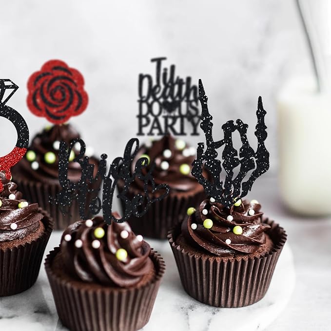 Halloween Bachelorette Cupcake Topper Bride To Be Ring Skeleton Hand Heart Blood Glitter Food Picks Horror Ghost Engagement Party Decoration Red