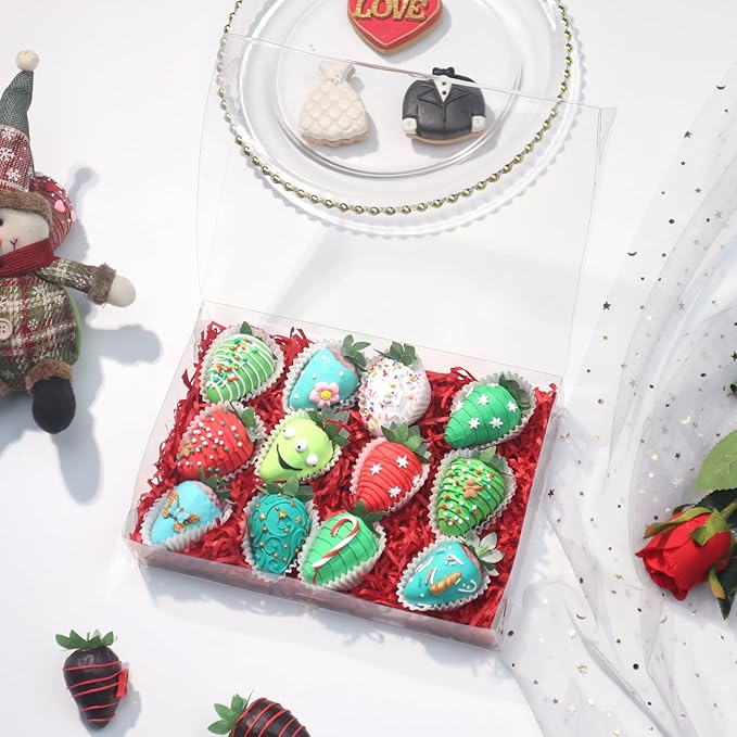 RomanticBaking 20PCS 10x7x2 inches Clear Strawberry Boxes Cookie Boxes Bakery Boxes Macaron Boxes Gift Boxes Treat Boxes for Party Favors