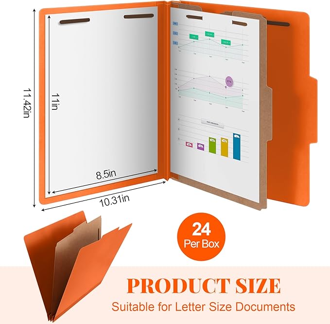 24 Pcs Classification Folders Letter Size, Back to School Supply for Teacher, Student, 1 Divider Pressboard File Folder Bulk with 2 Fasteners, 3.5 Inch Expanding File Organizer (Orange)